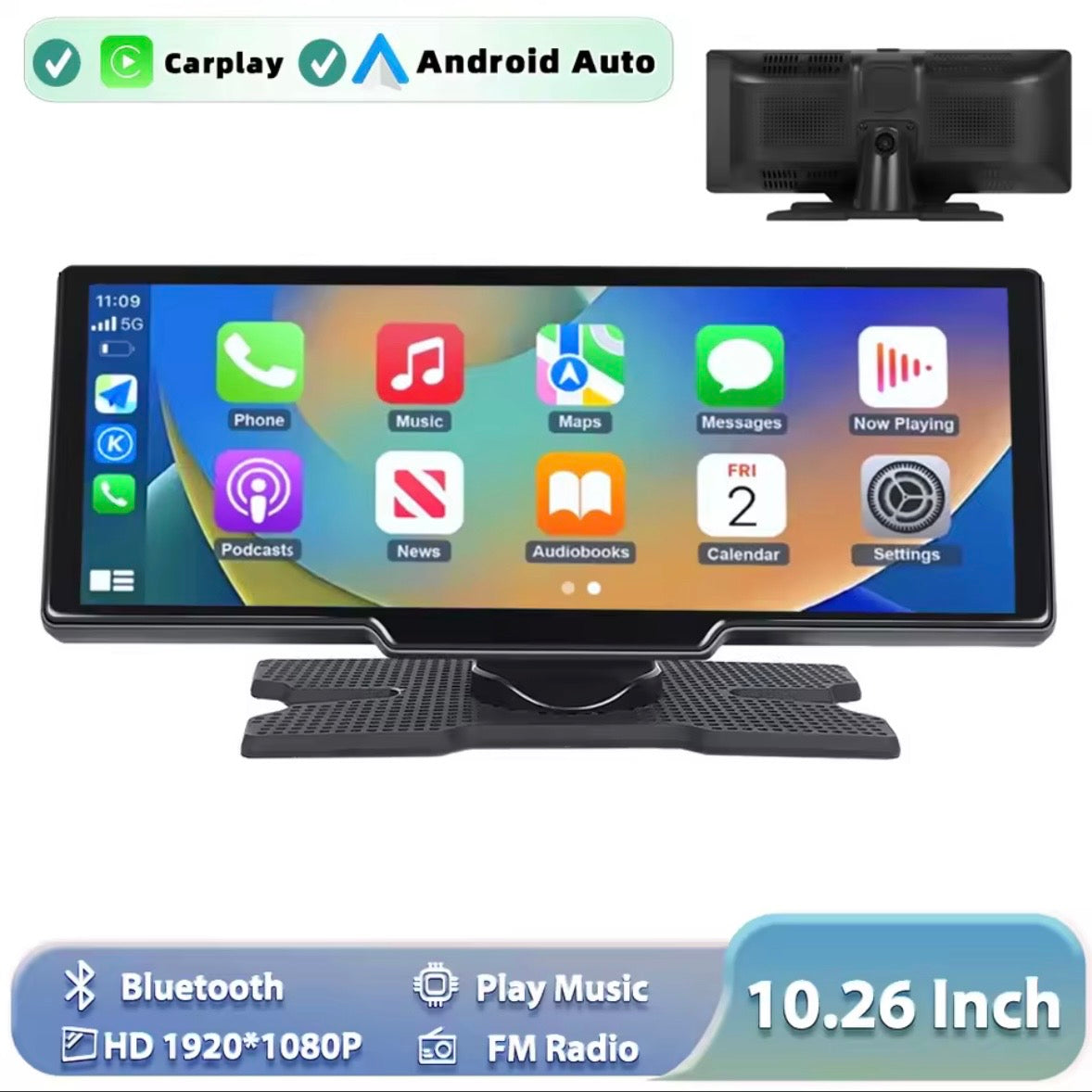 Podofo Wireless Carplay Portable Digital Dashboard Android Auto 10.26 Inch Smart Player With Voice Control 1080P BT TF