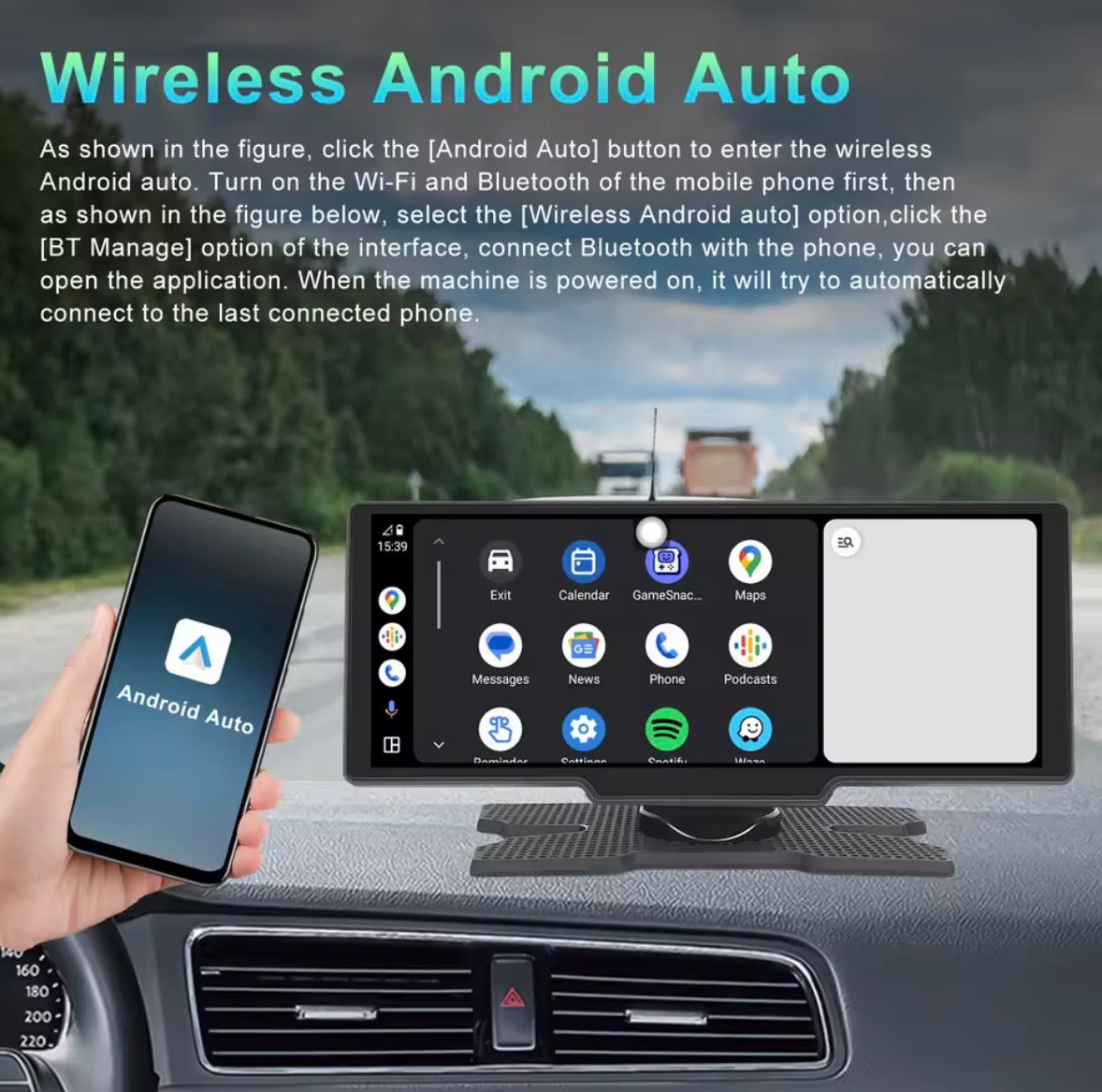 Podofo Wireless Carplay Portable Digital Dashboard Android Auto 10.26 Inch Smart Player With Voice Control 1080P BT TF