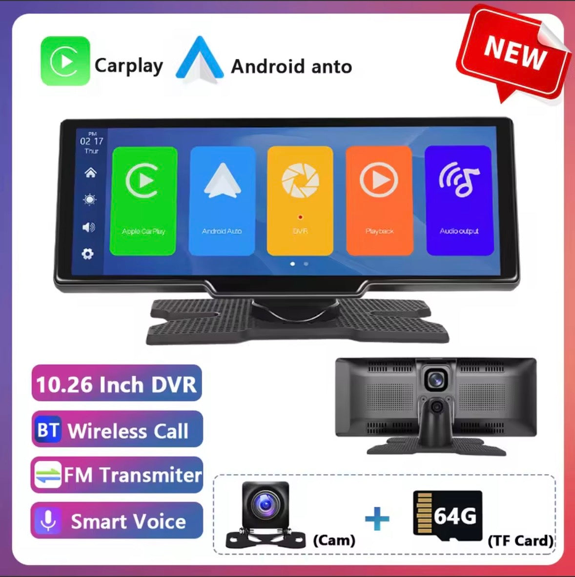 Podofo Wireless Carplay Portable Digital Dashboard Android Auto 10.26 Inch Smart Player With Voice Control 1080P BT TF