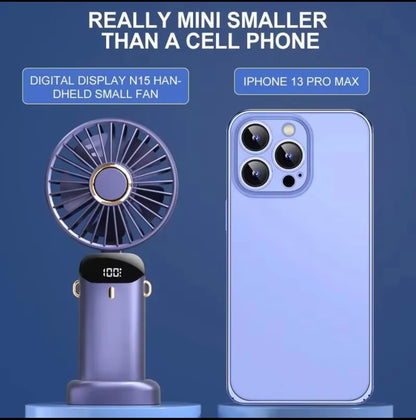 Portable Handheld Mini Fan Foldable Neck Hanging Fans 5 Speed USB Rechargeable Fan with Phone Stand and Display Screen 1800mAh