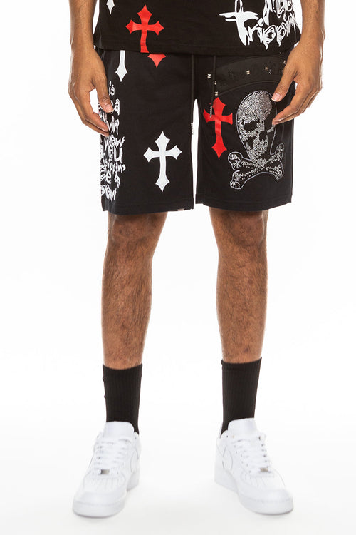 Bejewelled Chrome Skull Shorts EMS4107