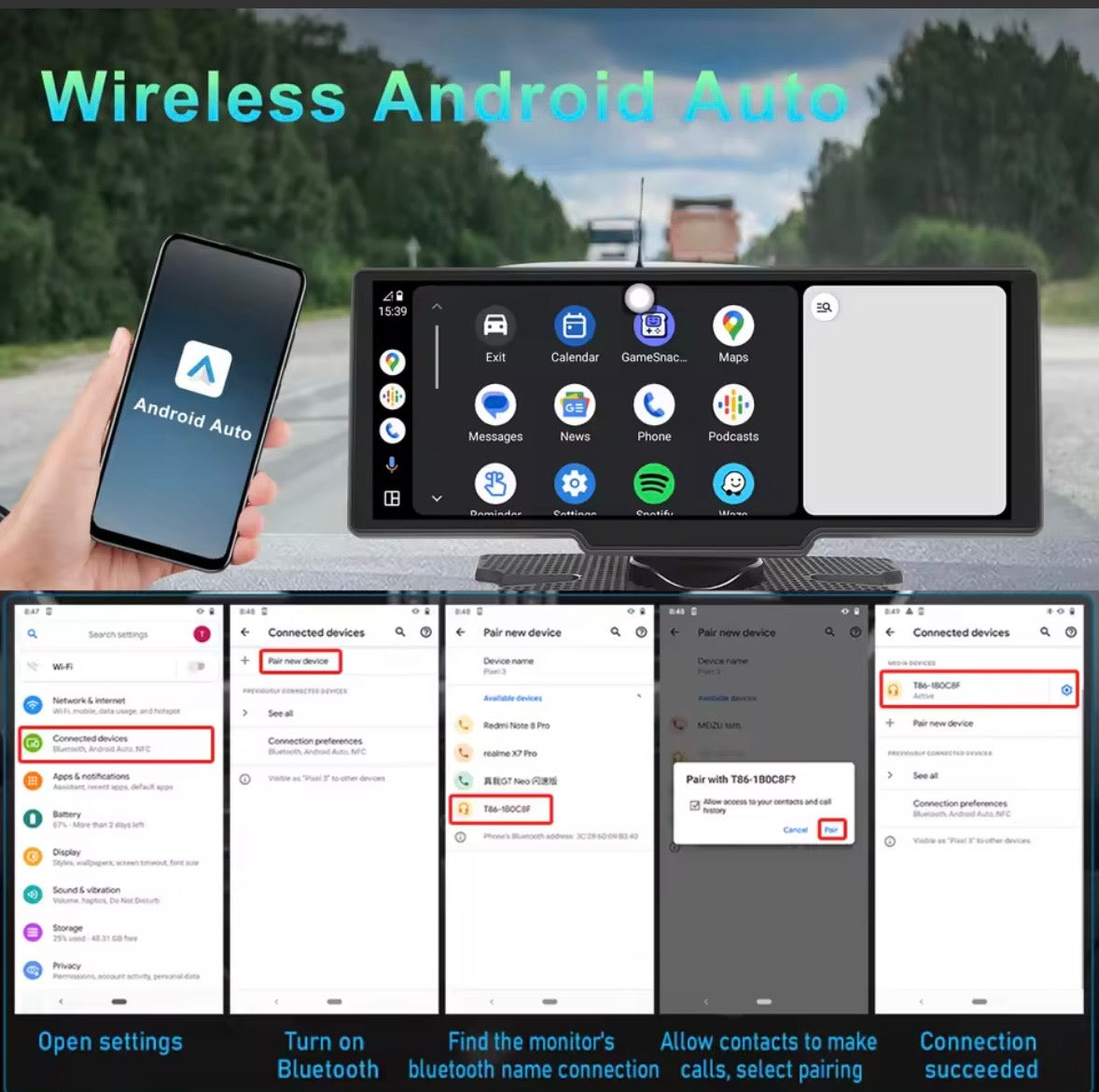 Podofo Wireless Carplay Portable Digital Dashboard Android Auto 10.26 Inch Smart Player With Voice Control 1080P BT TF