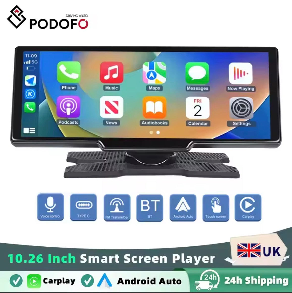 Podofo Wireless Carplay Portable Digital Dashboard Android Auto 10.26 Inch Smart Player With Voice Control 1080P BT TF