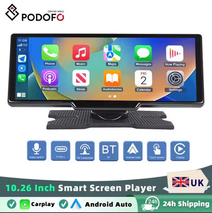 Podofo Wireless Carplay Portable Digital Dashboard Android Auto 10.26 Inch Smart Player With Voice Control 1080P BT TF